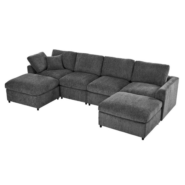 English Elm U-Style Six Seat Chenille Sectional with Deep Cushions Pine Frame and Two Movable Ottomans Grey WY000546AAE