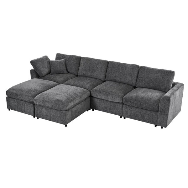 English Elm U-Style Six Seat Chenille Sectional with Deep Cushions Pine Frame and Two Movable Ottomans Grey WY000546AAE