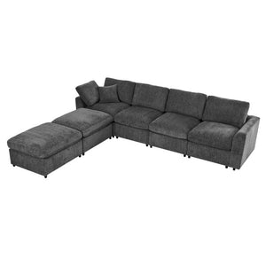 English Elm U-Style Six Seat Chenille Sectional with Deep Cushions Pine Frame and Two Movable Ottomans Grey WY000546AAE