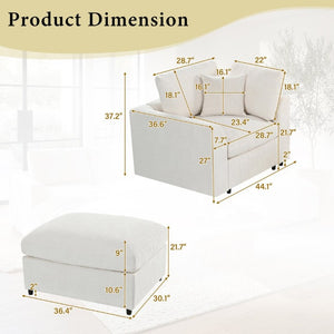 English Elm U-Style Chenille Lounge Chair Ottoman Set Solid Pine Frame Plush Armchair for Living Room Beige WY000547AAA