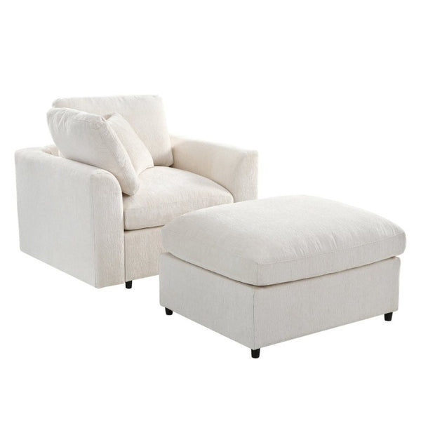 English Elm U-Style Chenille Lounge Chair Ottoman Set Solid Pine Frame Plush Armchair for Living Room Beige WY000547AAA
