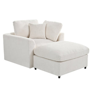 English Elm U-Style Chenille Lounge Chair Ottoman Set Solid Pine Frame Plush Armchair for Living Room Beige WY000547AAA