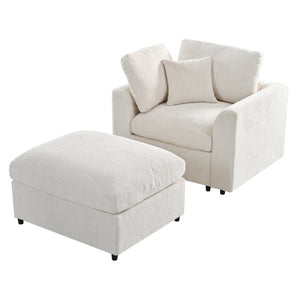 English Elm U-Style Chenille Lounge Chair Ottoman Set Solid Pine Frame Plush Armchair for Living Room Beige WY000547AAA