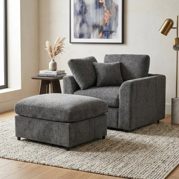 English Elm U-Style Chenille Lounge Chair Ottoman Set Solid Pine Frame Plush Armchair for Living Room Grey WY000547AAE