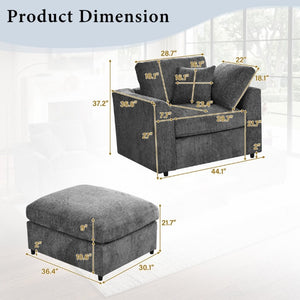 English Elm U-Style Chenille Lounge Chair Ottoman Set Solid Pine Frame Plush Armchair for Living Room Grey WY000547AAE
