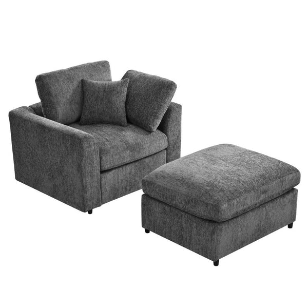 English Elm U-Style Chenille Lounge Chair Ottoman Set Solid Pine Frame Plush Armchair for Living Room Grey WY000547AAE