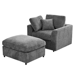 English Elm U-Style Chenille Lounge Chair Ottoman Set Solid Pine Frame Plush Armchair for Living Room Grey WY000547AAE