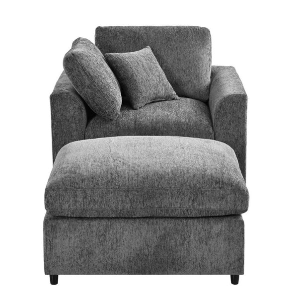 English Elm U-Style Chenille Lounge Chair Ottoman Set Solid Pine Frame Plush Armchair for Living Room Grey WY000547AAE