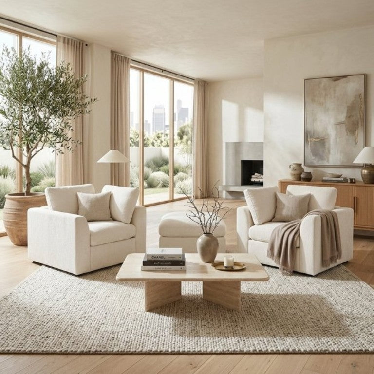English Elm U-Style Chenille Armchair Set with Movable Ottoman Pine Frame Modern Lounge Beige WY000548AAA
