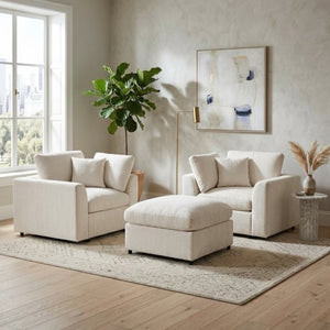 English Elm U-Style Chenille Armchair Set with Movable Ottoman Pine Frame Modern Lounge Beige WY000548AAA