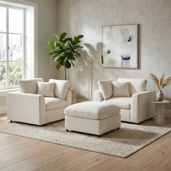 English Elm U-Style Chenille Armchair Set with Movable Ottoman Pine Frame Modern Lounge Beige WY000548AAA