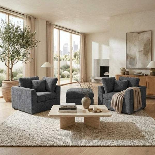 English Elm U-Style Chenille Armchair Set with Movable Ottoman Pine Frame Modern Lounge Grey WY000548AAE