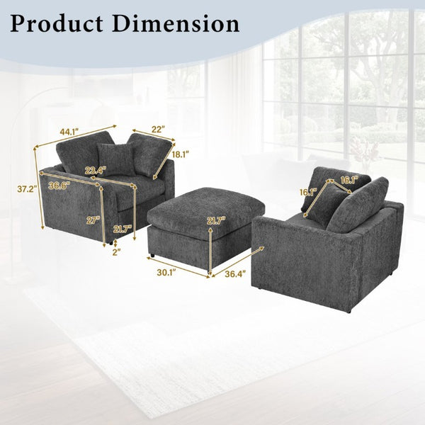 English Elm U-Style Chenille Armchair Set with Movable Ottoman Pine Frame Modern Lounge Grey WY000548AAE