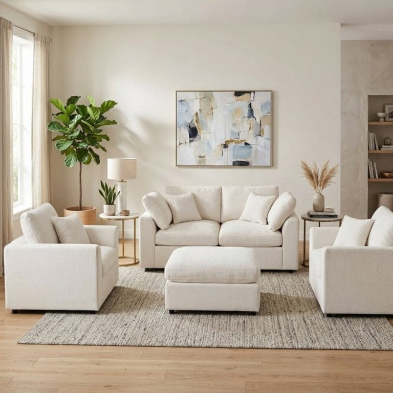 English Elm U-Style Chenille Living Room Set with Loveseat Two Chairs and Movable Ottoman Beige WY000550AAA