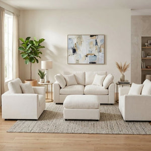 English Elm U-Style Chenille Living Room Set with Loveseat Two Chairs and Movable Ottoman Beige WY000550AAA