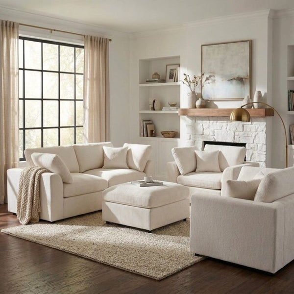 English Elm U-Style Chenille Living Room Set with Loveseat Two Chairs and Movable Ottoman Beige WY000550AAA