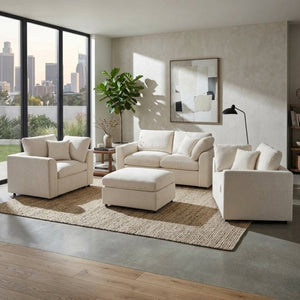 English Elm U-Style Chenille Living Room Set with Loveseat Two Chairs and Movable Ottoman Beige WY000550AAA