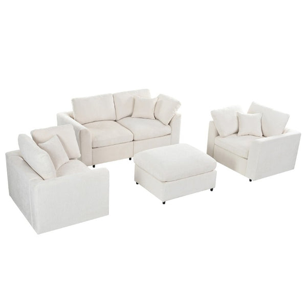 English Elm U-Style Chenille Living Room Set with Loveseat Two Chairs and Movable Ottoman Beige WY000550AAA