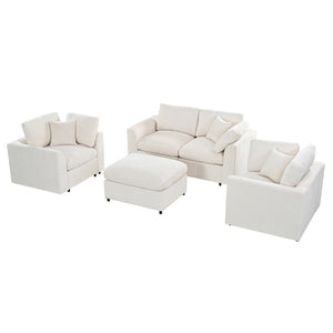 English Elm U-Style Chenille Living Room Set with Loveseat Two Chairs and Movable Ottoman Beige WY000550AAA