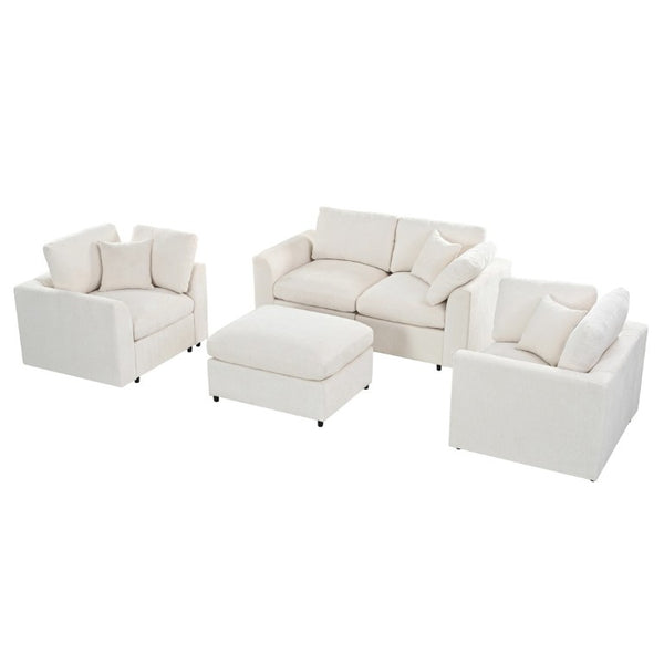English Elm U-Style Chenille Living Room Set with Loveseat Two Chairs and Movable Ottoman Beige WY000550AAA