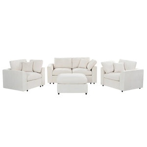 English Elm U-Style Chenille Living Room Set with Loveseat Two Chairs and Movable Ottoman Beige WY000550AAA