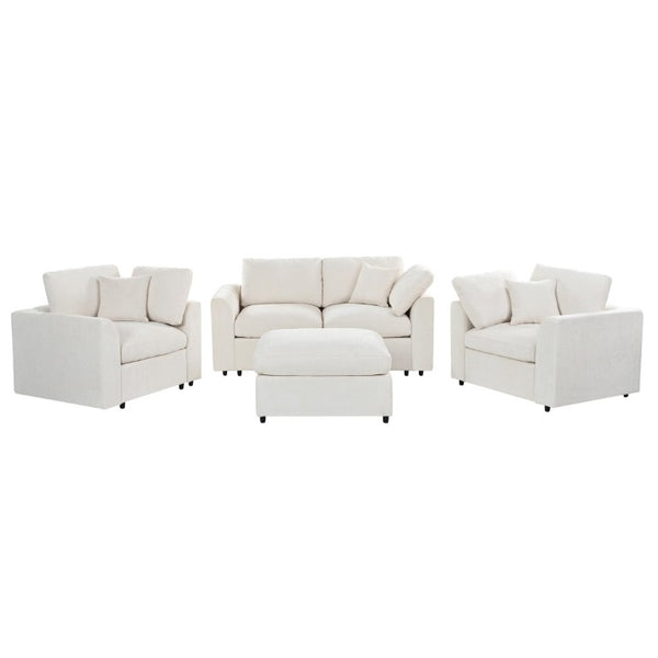 English Elm U-Style Chenille Living Room Set with Loveseat Two Chairs and Movable Ottoman Beige WY000550AAA