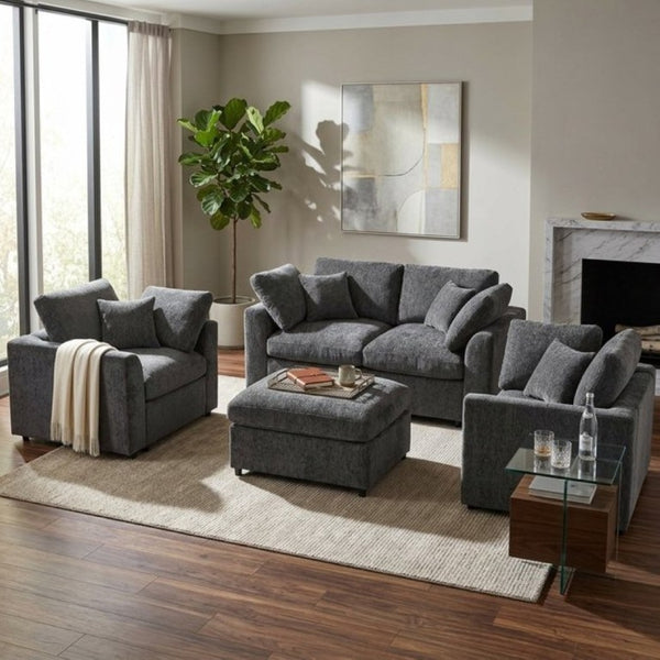 English Elm U-Style Chenille Living Room Set with Loveseat Two Chairs and Movable Ottoman Grey WY000550AAE