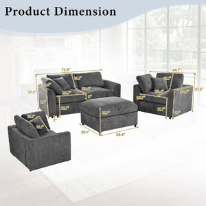 English Elm U-Style Chenille Living Room Set with Loveseat Two Chairs and Movable Ottoman Grey WY000550AAE