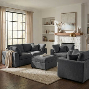 English Elm U-Style Chenille Living Room Set with Loveseat Two Chairs and Movable Ottoman Grey WY000550AAE