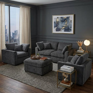 English Elm U-Style Chenille Living Room Set with Loveseat Two Chairs and Movable Ottoman Grey WY000550AAE