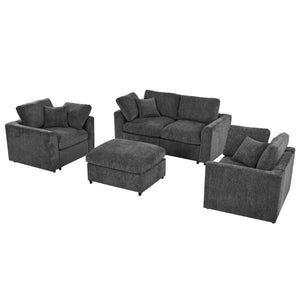 English Elm U-Style Chenille Living Room Set with Loveseat Two Chairs and Movable Ottoman Grey WY000550AAE