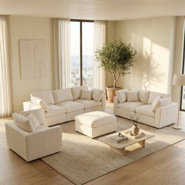 English Elm U-Style Modular Chenille Sectional Sofa Set with Ottoman Six Seat Living Room Beige WY000551AAA