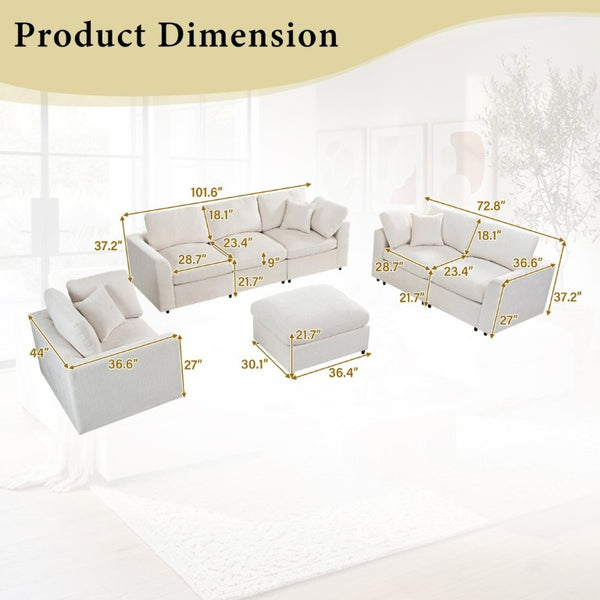 English Elm U-Style Modular Chenille Sectional Sofa Set with Ottoman Six Seat Living Room Beige WY000551AAA