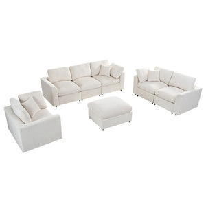 English Elm U-Style Modular Chenille Sectional Sofa Set with Ottoman Six Seat Living Room Beige WY000551AAA