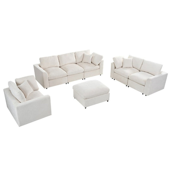 English Elm U-Style Modular Chenille Sectional Sofa Set with Ottoman Six Seat Living Room Beige WY000551AAA
