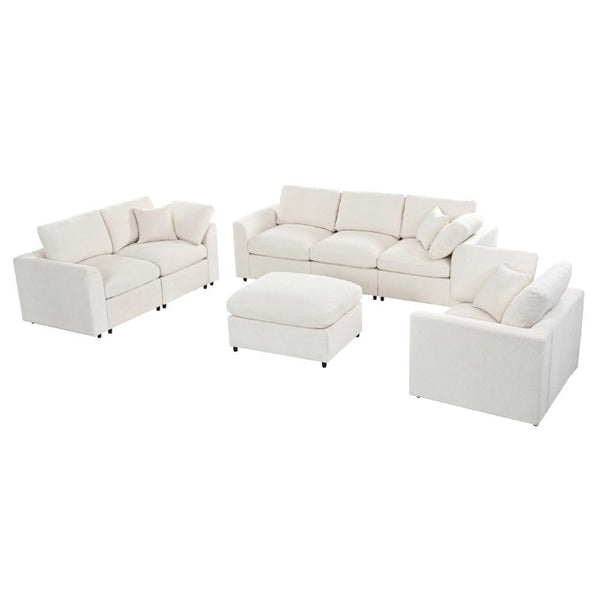 English Elm U-Style Modular Chenille Sectional Sofa Set with Ottoman Six Seat Living Room Beige WY000551AAA