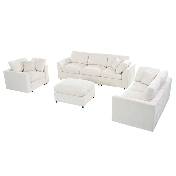 English Elm U-Style Modular Chenille Sectional Sofa Set with Ottoman Six Seat Living Room Beige WY000551AAA