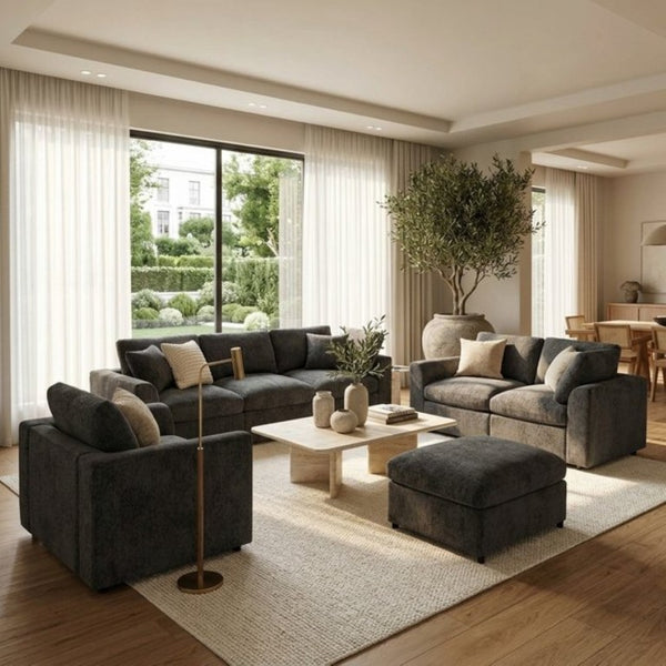 English Elm U-Style Modular Chenille Sectional Sofa Set with Ottoman Six Seat Living Room Grey WY000551AAE