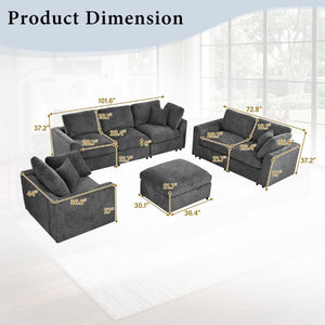 English Elm U-Style Modular Chenille Sectional Sofa Set with Ottoman Six Seat Living Room Grey WY000551AAE