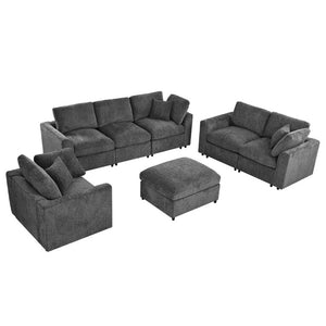 English Elm U-Style Modular Chenille Sectional Sofa Set with Ottoman Six Seat Living Room Grey WY000551AAE