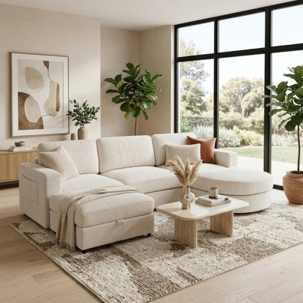 English Elm U-Style Chenille U Shaped Sectional with Storage Ottoman and Drop Down Console Beige WY000553AAA