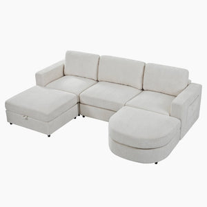 English Elm U-Style Chenille U Shaped Sectional with Storage Ottoman and Drop Down Console Beige WY000553AAA