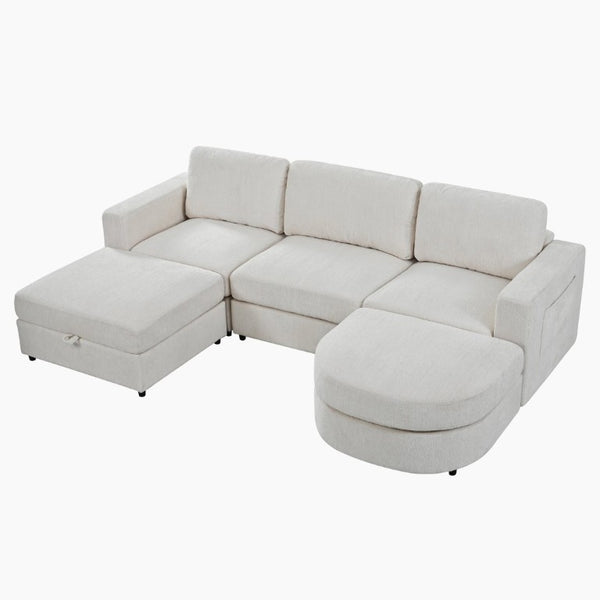 English Elm U-Style Chenille U Shaped Sectional with Storage Ottoman and Drop Down Console Beige WY000553AAA