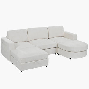 English Elm U-Style Chenille U Shaped Sectional with Storage Ottoman and Drop Down Console Beige WY000553AAA