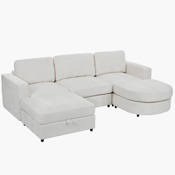 English Elm U-Style Chenille U Shaped Sectional with Storage Ottoman and Drop Down Console Beige WY000553AAA