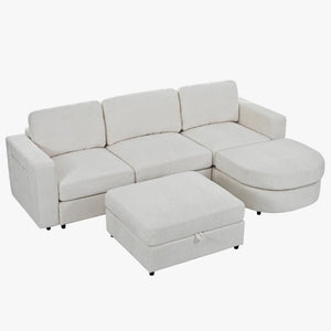 English Elm U-Style Chenille U Shaped Sectional with Storage Ottoman and Drop Down Console Beige WY000553AAA