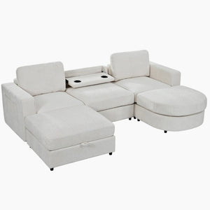 English Elm U-Style Chenille U Shaped Sectional with Storage Ottoman and Drop Down Console Beige WY000553AAA