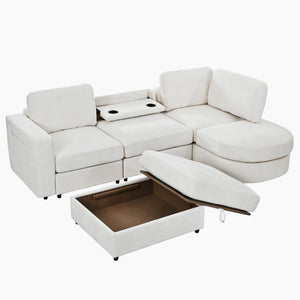 English Elm U-Style Chenille U Shaped Sectional with Storage Ottoman and Drop Down Console Beige WY000553AAA