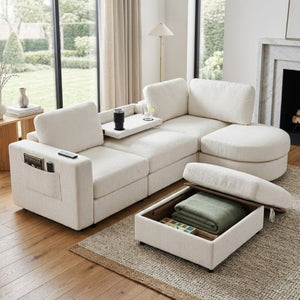 English Elm U-Style Chenille U Shaped Sectional with Storage Ottoman and Drop Down Console Beige WY000553AAA
