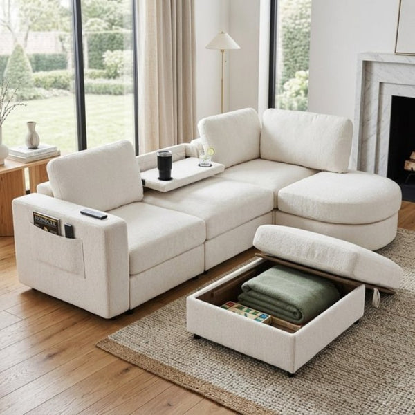 English Elm U-Style Chenille U Shaped Sectional with Storage Ottoman and Drop Down Console Beige WY000553AAA